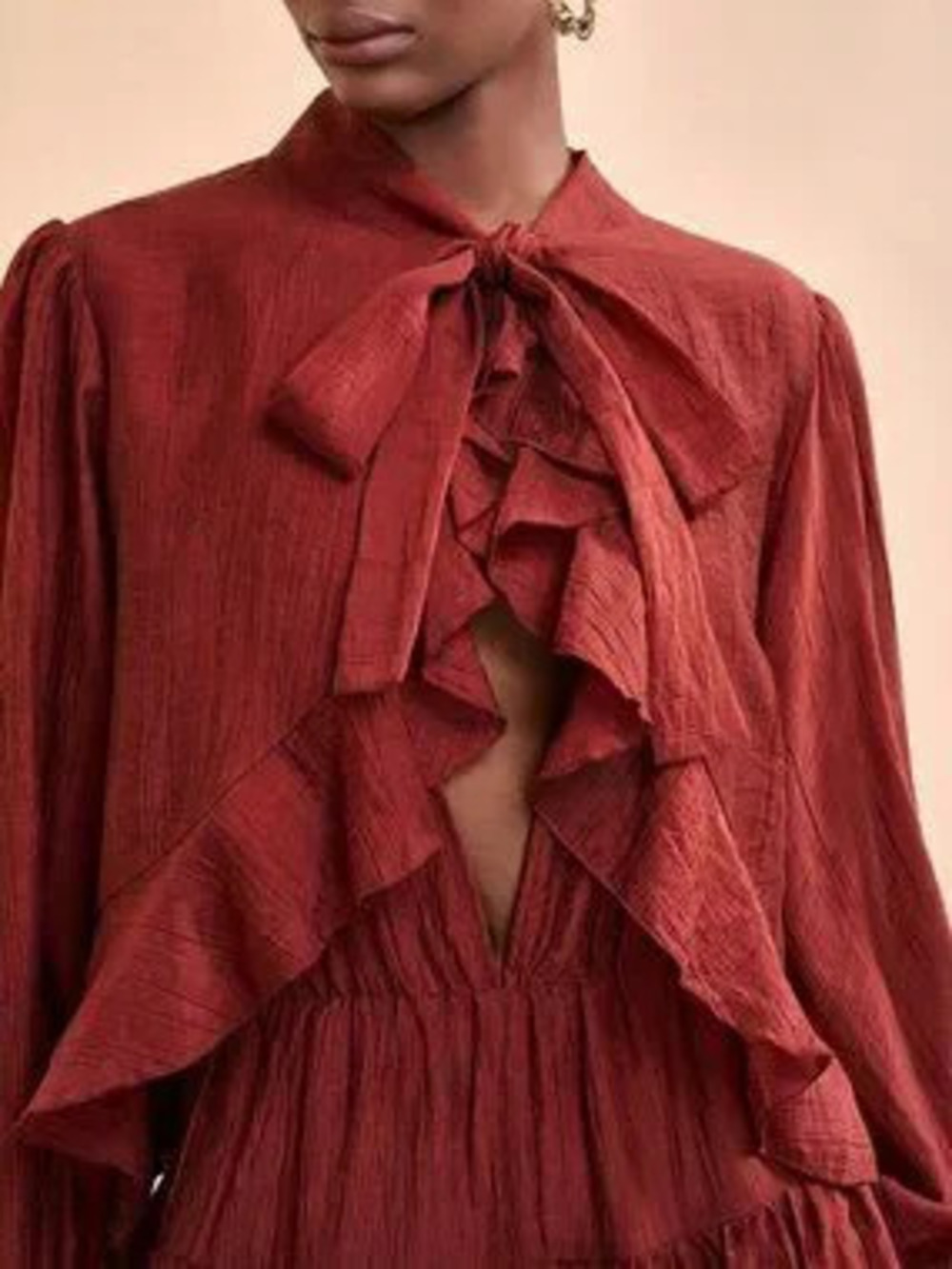 Rust Brown Boho Women's Mini Dress with Sleeves and Ruffle Details - Picture 6 of 6